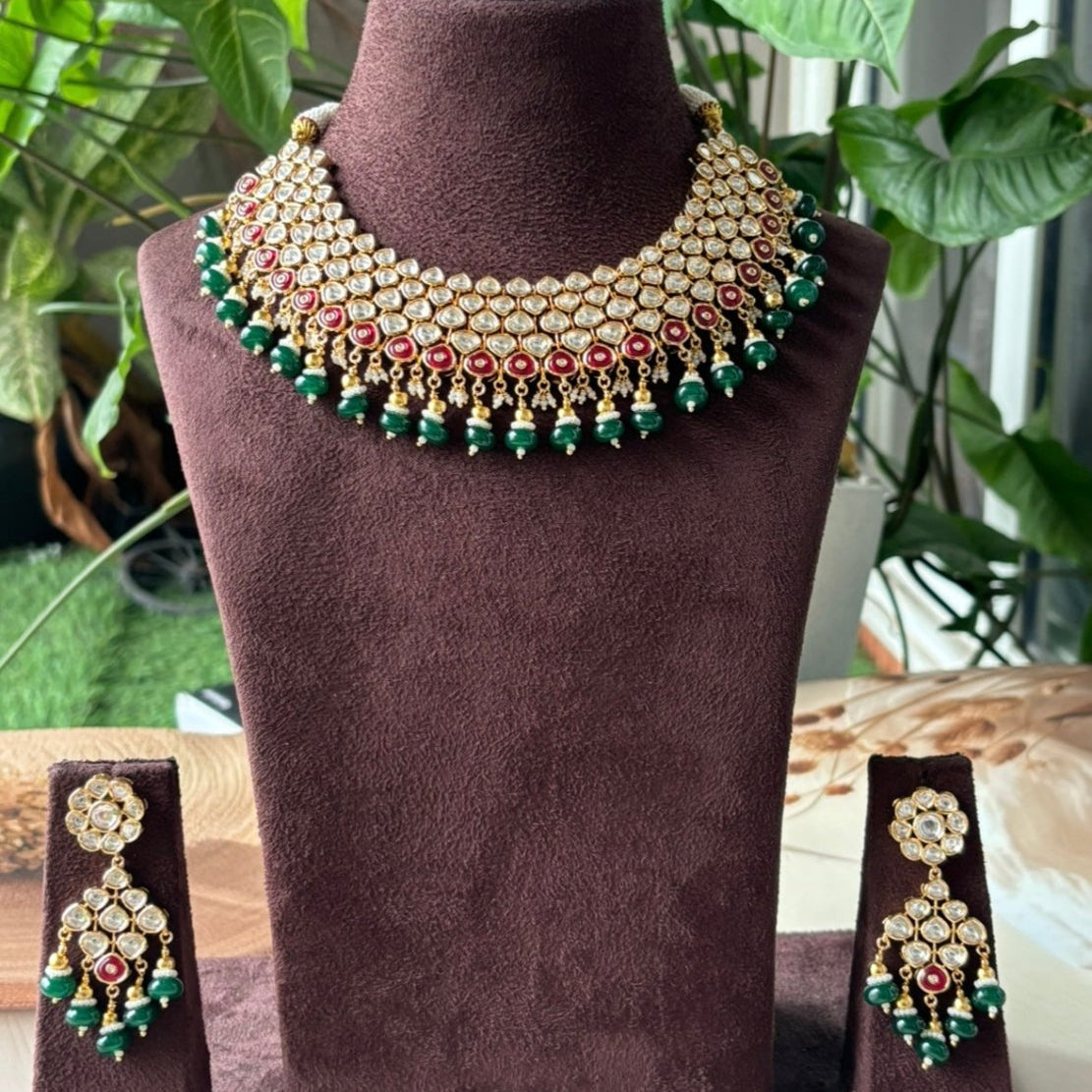 Vilandi Kundan Polki Necklace with lovely earrings - Next to real gold look - MR Jewels